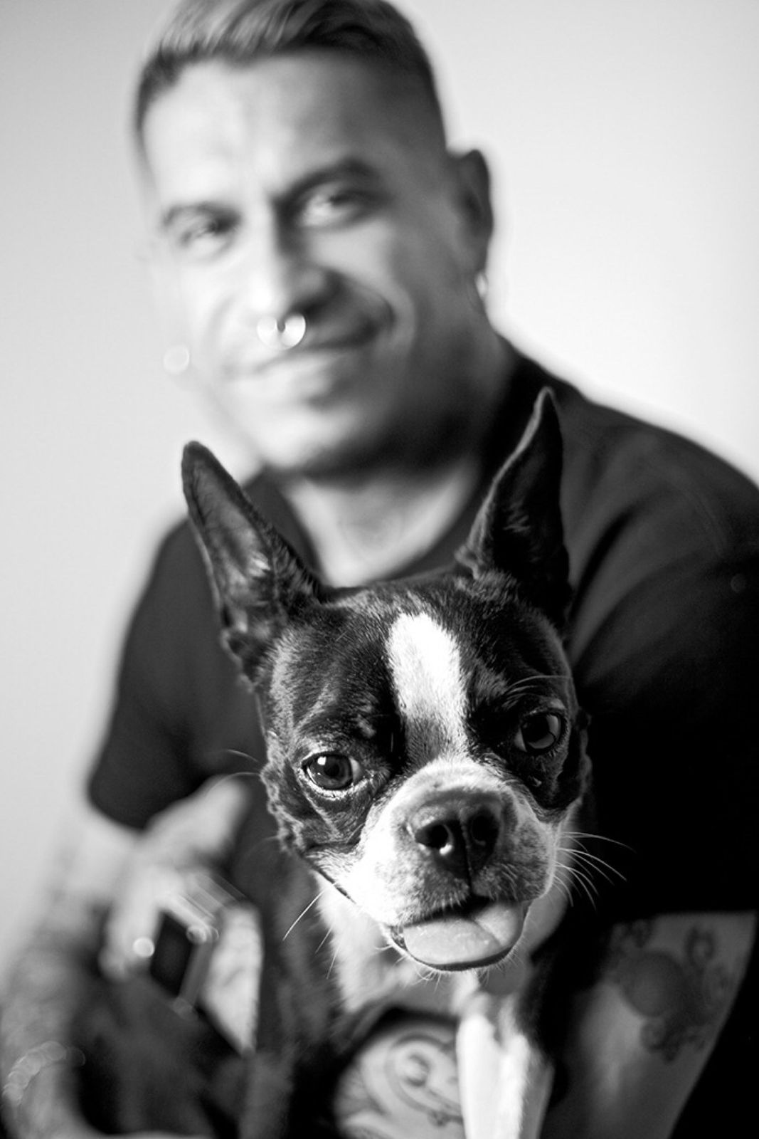 Boston terrier en primer plano con su dueño desenfocado, blanco y negro